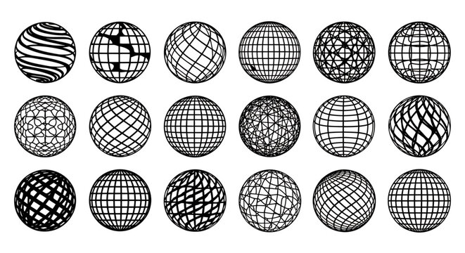 Series of monochrome globe patterns arranged in a grid for modern graphic design projects.