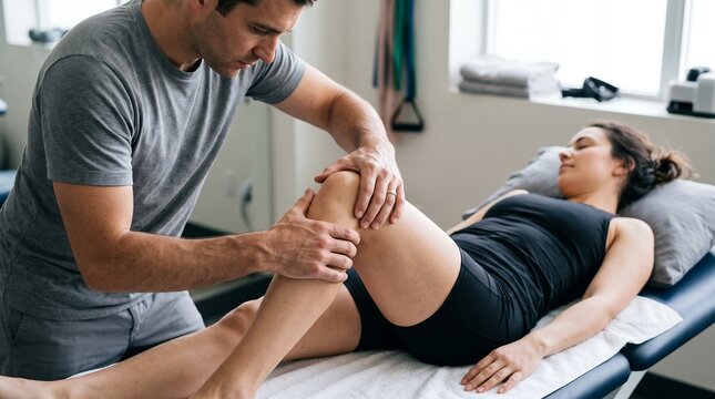 A male physical therapist gently manipulates a female patient's knee while she rests on a therapy table in a well lit rehabilitation room physical therapy physiotherapist knee injury recovery