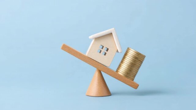 Miniature wooden house and stack of gold coins balanced on wooden seesaw representing real estate investment and financial balance concept on blue background