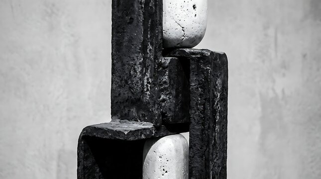 Minimalist stone and metal art sculpture.