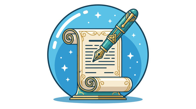 ancient scroll with quill pen and ink on celestial background for historical or religious texts