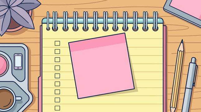 illustration of a pink sticky note on a notepad with checkboxes and office supplies