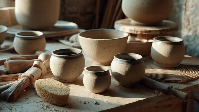 Handcrafted ceramic pottery collection displayed on artisan sculptor worktable