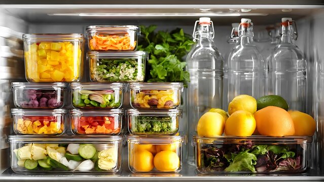 Organized refrigerator with fresh vegetables fruits reusable glass containers and healthy meal preparation