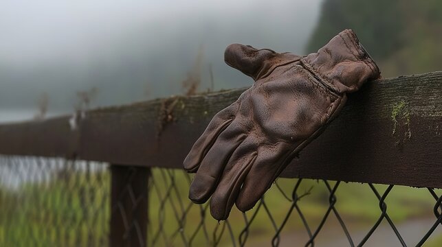 discarded. A single worn leather glove discarded outside a prison fence in morning mist. wellbeing guides, coaching materials, designed for coaching and self-improvement content, used by hr managers.