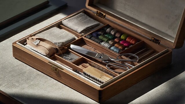 Premium tailoring workstation with sewing tools scissors thread and organized crafting accessories