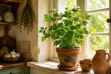 Fototapeta premium A potted lovage plant on a sunny windowsill in a rustic kitchen, warm and inviting atmosphere.