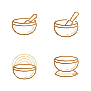 Set of four outline icons representing singing bowls with subtle radiating sound waves, simple golden brown pixel art elements on a white background, meditation and wellness symbols