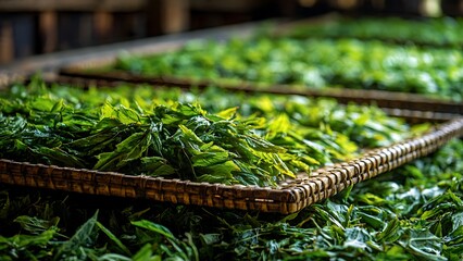 Obraz premium Freshly Harvested Loose Herbal Tea Leaves Drying Naturally on Traditional Bamboo Trays