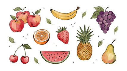 Colorful assortment of fresh tropical and berry fruits arranged in a playful style Vector © MDSUJON