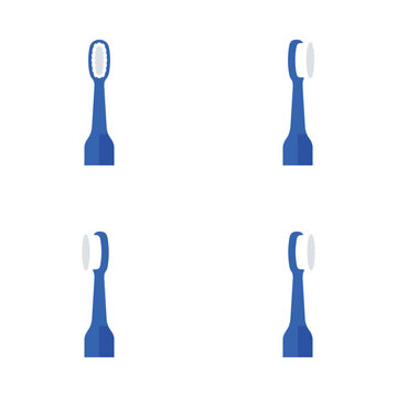 Set of four pixel art toothbrushes, two front views and two side views, blue and white, simple icons for oral hygiene and dental care