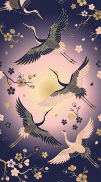 Elegant Japanese Flying Cranes and Cherry Blossoms Illustration