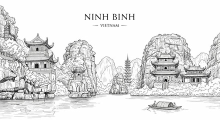 A blackandwhite ink sketch of a Ninh Binh river landscape with pagodas rocky cliffs and a small rowing boat © Julian Vance