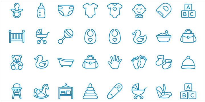 Blue vector illustration of various baby items and symbols in outline style on white background including pacifier, baby bottle, onesie, bib, and more