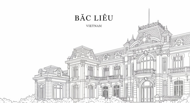 A blackandwhite line drawing of the Bac Lieu Prince Mansion in Vietnam featuring intricate architectural detail