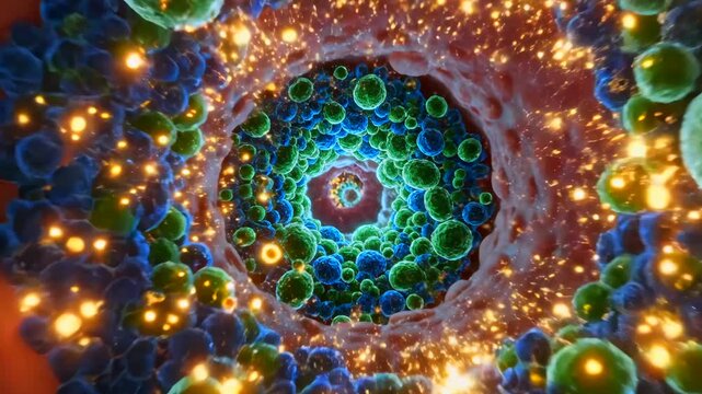 vessel interior with glowing nanoparticles delivering medicine, red endothelial tunnel lined with blood cells, fluorescent therapeutic spheres homing toward damaged tissue, cinematic