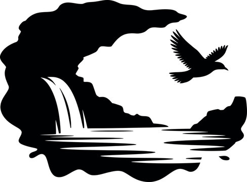 Silhouette of bird flying over waterfall with rocky cliffside isolated on white background in minimalist style