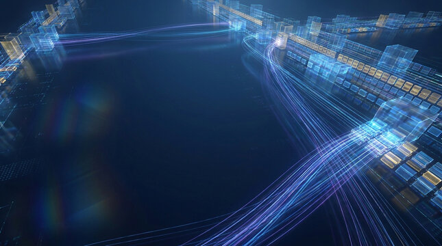 Data streams flow into a vast Zettabyte storage facility at night.