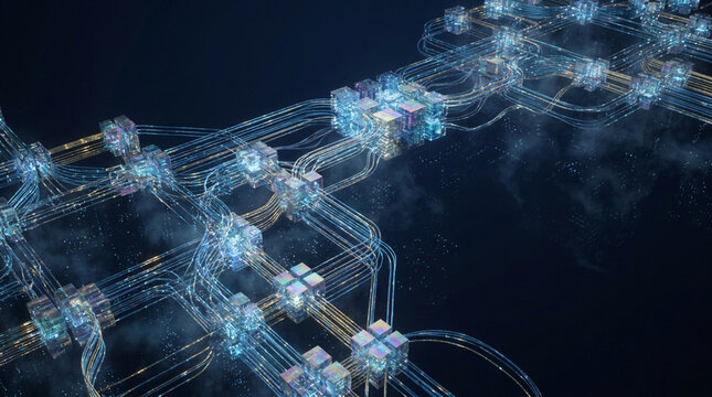 Futuristic data transfer network with glowing nodes and wires enables efficient zettabyte storage solutions.