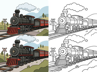 Colorful and black outline vector illustration of a vintage steam locomotive train engine design for children coloring book pages activity © Kevin