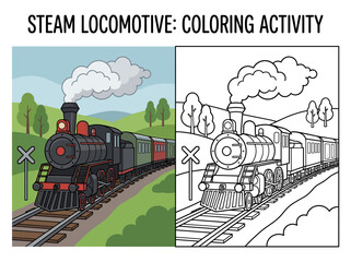 A detailed vector illustration of a classic steam locomotive train engine designed for children to enjoy as a coloring activity © Kevin