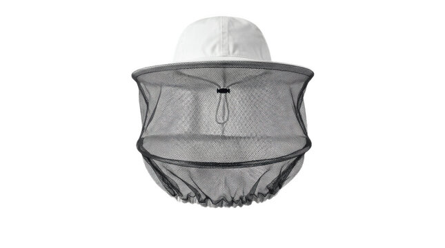 Black mesh protective bee veil hat with white top and drawstring closure, designed to shield face and neck during beekeeping, gardening and outdoor work

