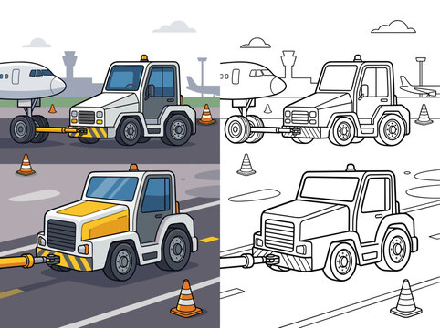 A detailed vector illustration showing an airport pushback tug vehicle in both colored and black and white line art styles