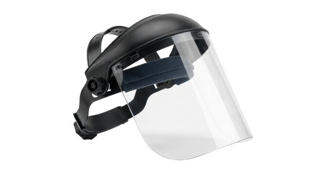 Clear full face shield visor with adjustable black headgear for splash, dust and impact protection in workshops, laboratories and construction sites

