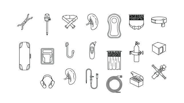 Diving equipment line art vector icons, scuba gear and accessories, underwater exploration tools, snorkeling essentials, professional diving supplies, marine adventure equipment set
