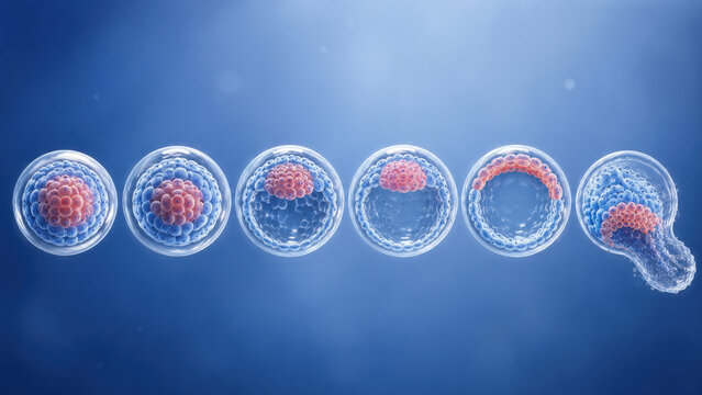 Cell division sequence showing embryonic development stages, from single cell to blastocyst, with transparent membranes and glowing nuclei on blue background