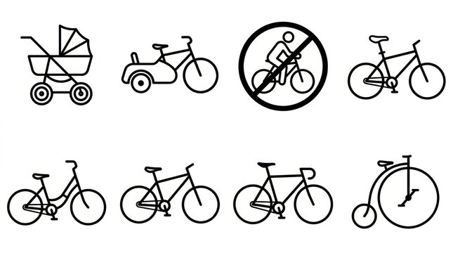 Collection of bicycle and stroller icons in simple line art style
