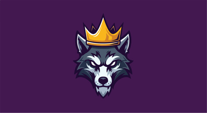 Angry Wolf Wearing Crown on Purple Background, Intense Mascot Design