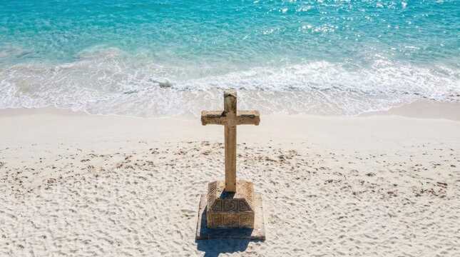 A weathered stone cross on a serene beach with turquoise waves