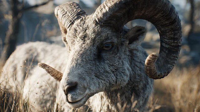Close-up of a majestic ram with large curved horns in a natural outdoor setting, showcasing its detailed fur and powerful presence.