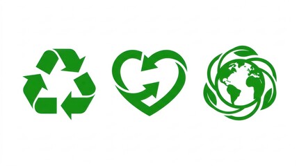 Environmental conservation icons recycling love and global sustainability represented in green vector graphics © MOMENA