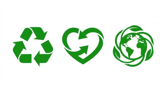 Environmental conservation icons recycling love and global sustainability represented in green vector graphics