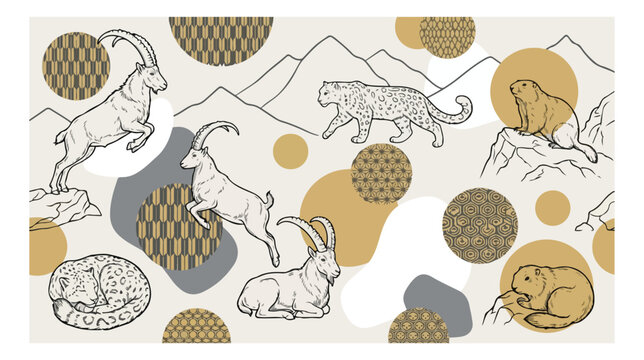 Mountain wildlife vector pattern, hand-drawn alpine animals, snow leopard, ibex, marmot, and goat illustrations, seamless nature background for textile and decor.