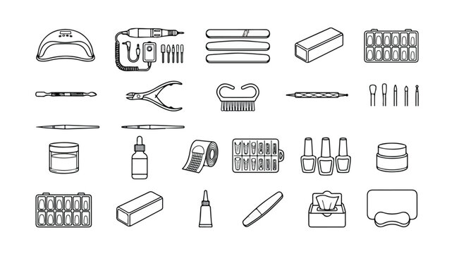 Manicure pedicure tools vector icon set, professional nail care equipment collection, beauty salon essentials, cosmetic accessories for hand and foot treatment
