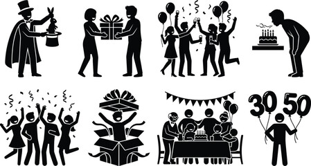 Obraz premium Birthday Celebration Silhouette Icon Set with Party Gifts Cake Magic and Family Celebration