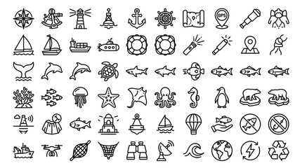 Fototapeta premium Maritime and nautical icons grid features a wide collection of sea life, navigation tools, and coastal structures arranged in a detailed monochrome line art pattern for travel and environment.