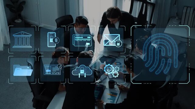 A diverse business team engages in a collaborative meeting focused on digital security solutions, showcasing fingerprint technology and modern office dynamics. Raster