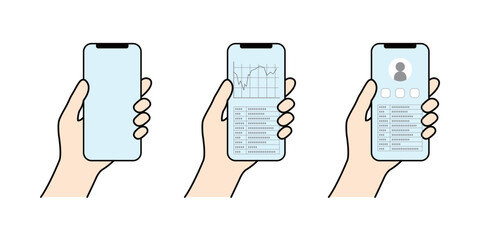 スマートフォンを左手で持つ様子と画面表示のイラストセット © color