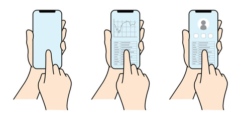 両手でスマートフォンを操作する様子と画面表示のイラストセット © color