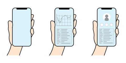 スマートフォンを片手で持つポーズと画面表示のイラストセット © color