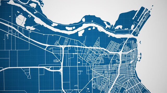 Ink reveal animation of Corpus Christi city, Texas (TX), United States of America, grid map. Aerial top view. Blueprint style. White lines with blue background. 4K Seamless loop.