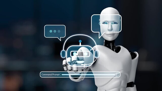 A humanoid robot showcases advanced AI by interacting with digital communication bubbles, symbolizing the future of technology and user interaction in a modern workspace. Synapse