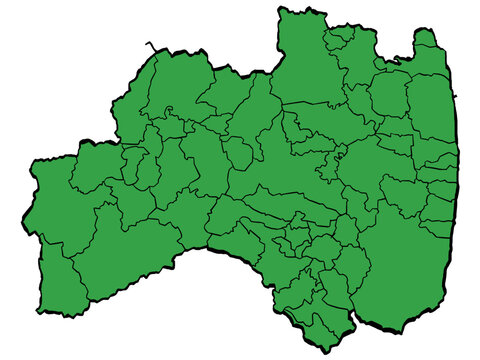 福島県地図 市町村区分 緑色 筆タッチ 和風 東日本 / A brushstroke map of Fukushima Prefecture / green
