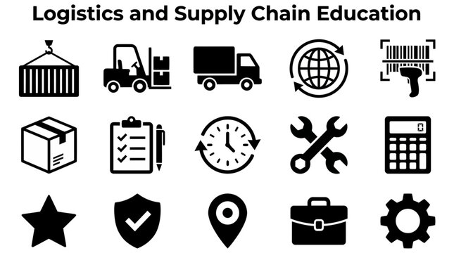 A grid of 15 black icons on a white background representing logistics and supply chain tasks under a bold heading