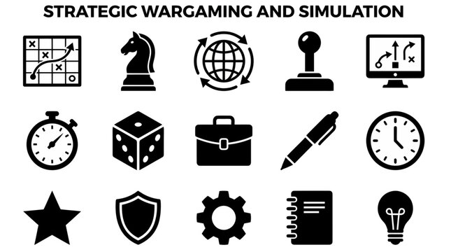 A grid of 15 black icons on a white background representing strategic wargaming and simulation concepts