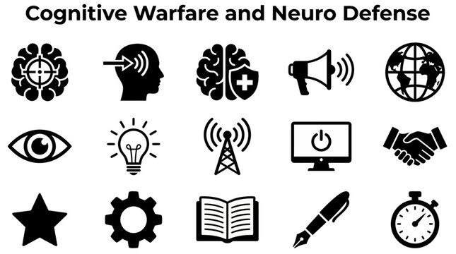 An array of fifteen black icons on a white background beneath the title Cognitive Warfare and Neuro Defense